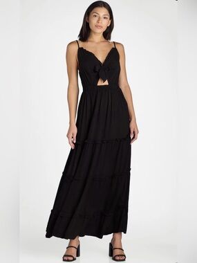 Women's Black Spaghetti-Strap Tiered Maxi Dress with Front Knot